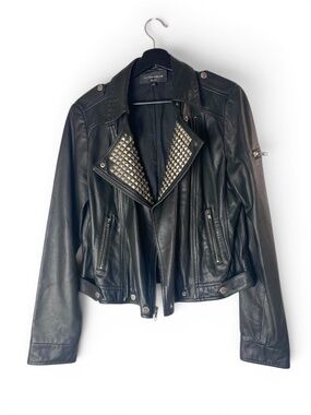 Hilton Hollis Black Leather Moto Jacket Studded Lapel Cropped Biker Sz 10